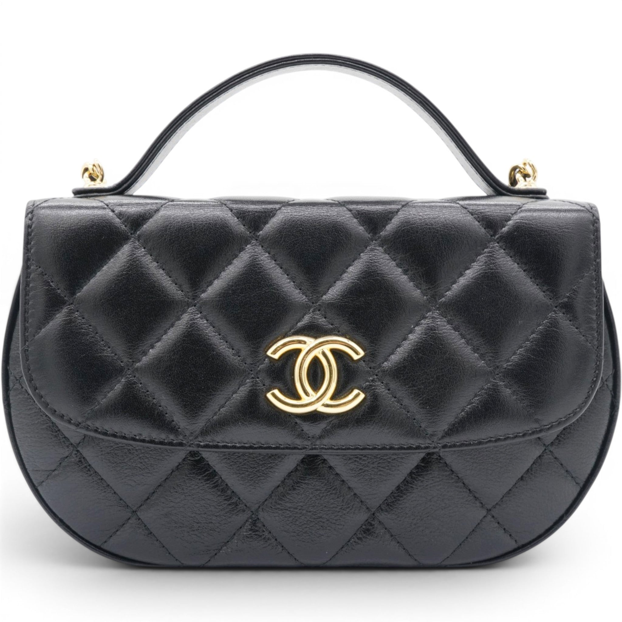 Chanel Shiny Leather Quilted Flap Phone Holder With Chain Black 