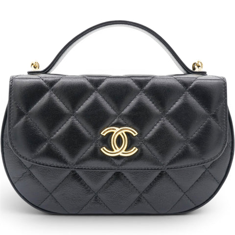 Chanel Shiny Leather Quilted Flap Phone Holder With Chain Black 