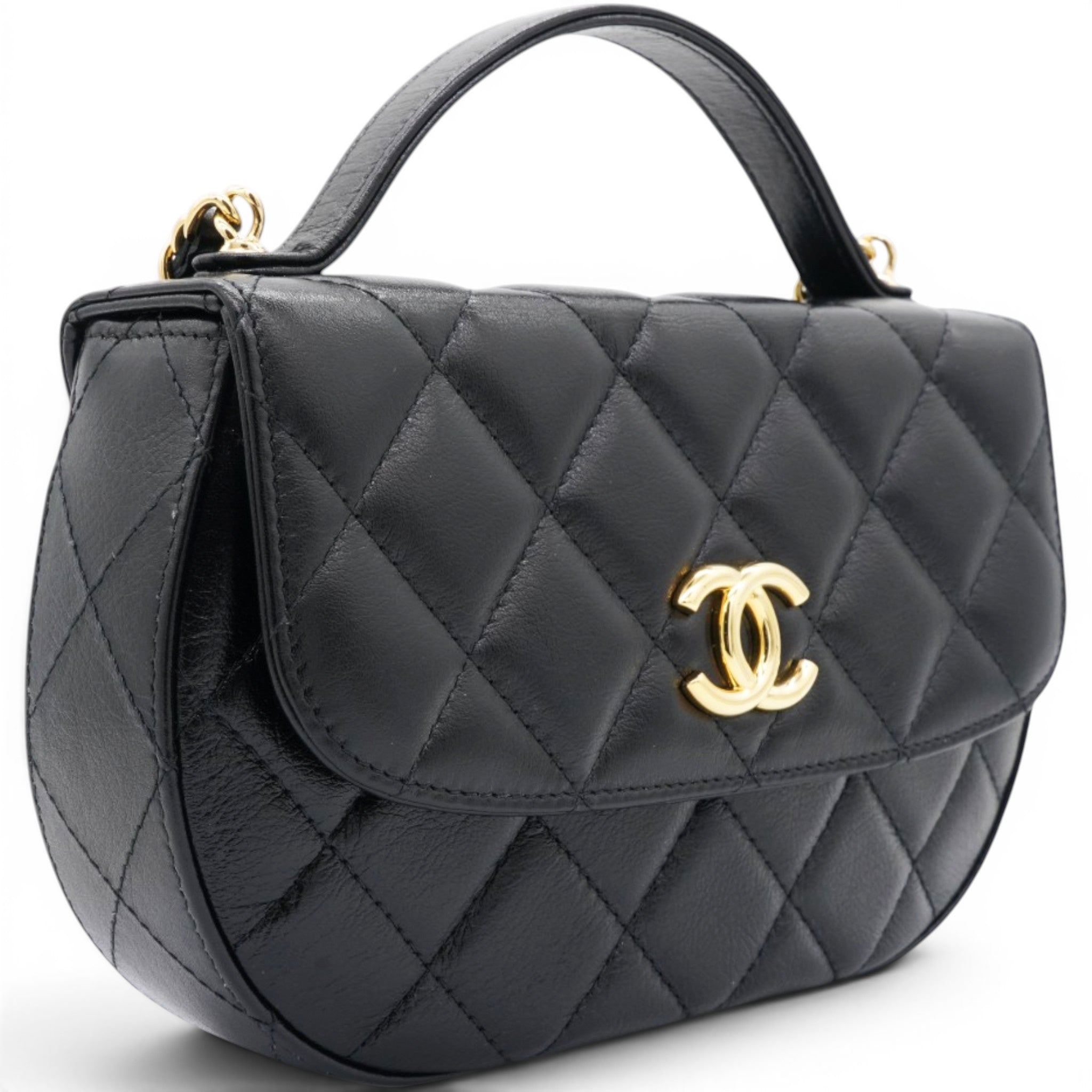Chanel Shiny Leather Quilted Flap Phone Holder With Chain Black 