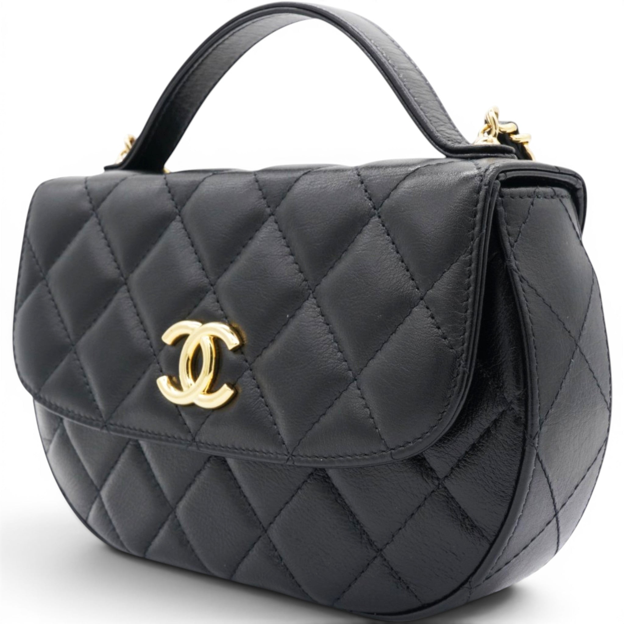 Chanel Shiny Leather Quilted Flap Phone Holder With Chain Black 