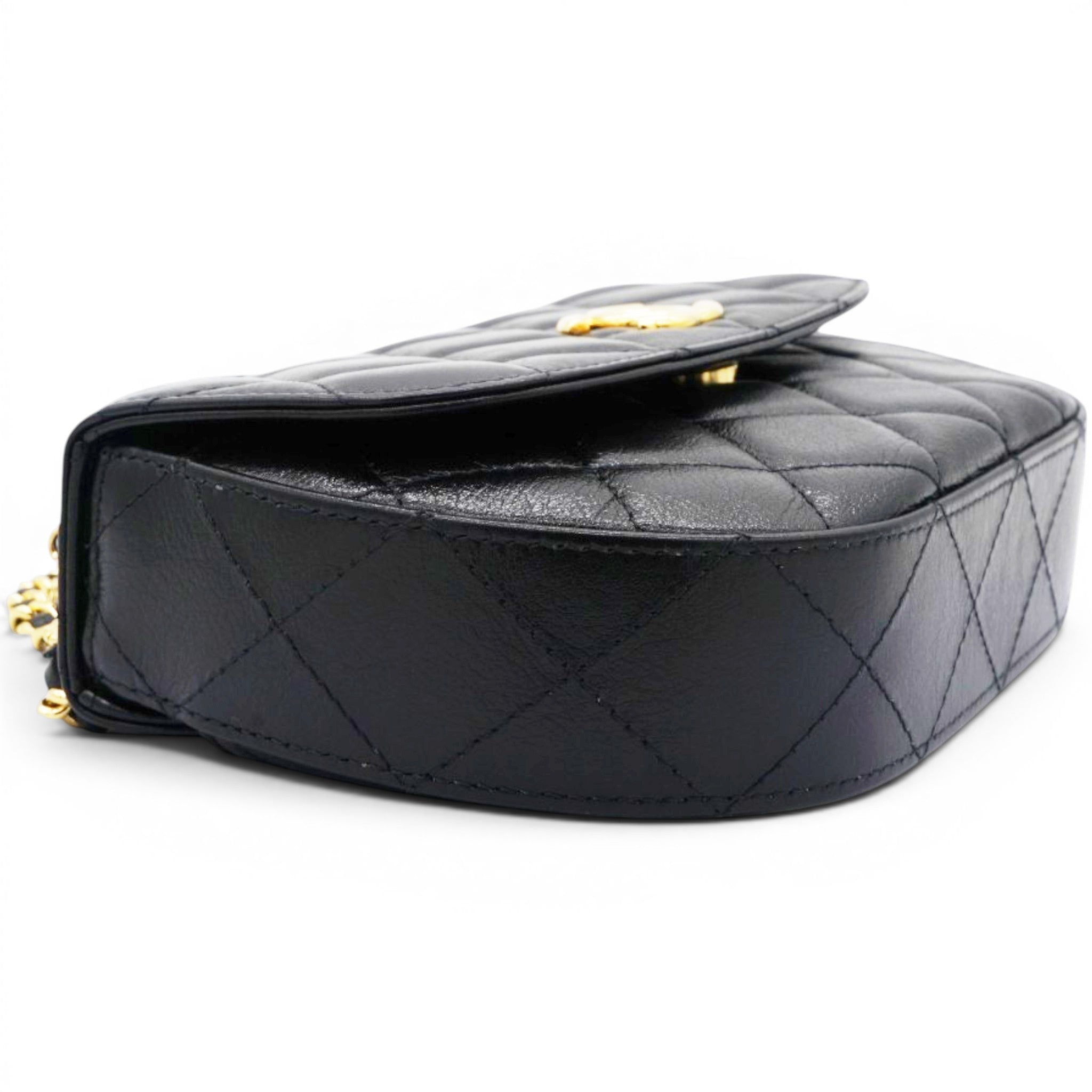 Chanel Shiny Leather Quilted Flap Phone Holder With Chain Black 