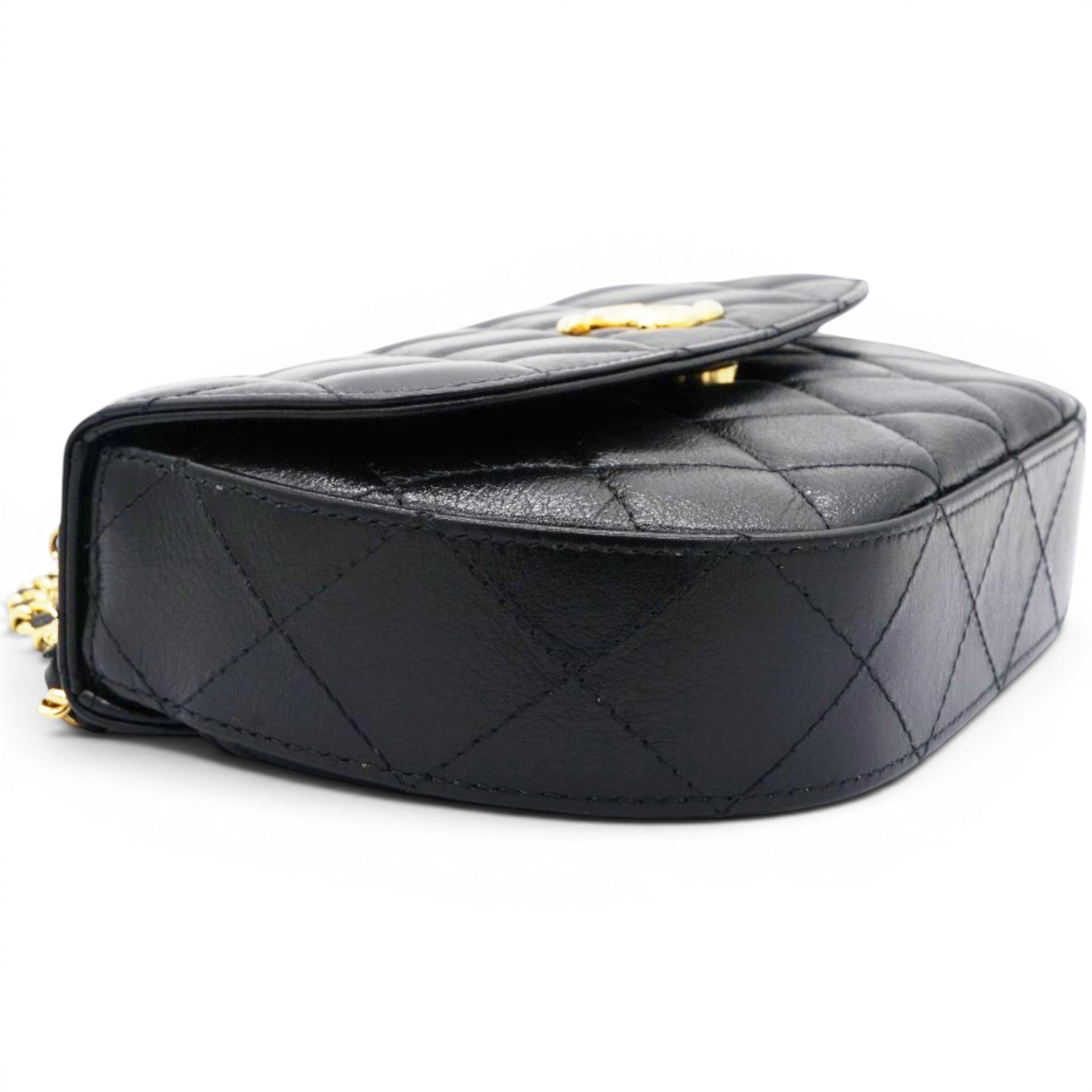 Chanel Shiny Leather Quilted Flap Phone Holder With Chain Black 