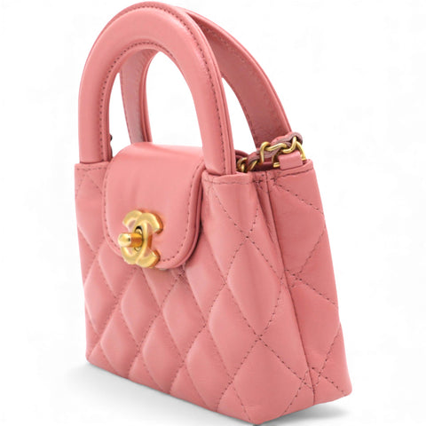 Chanel Shiny Leather Quilted Nano Kelly Shopper Pink 