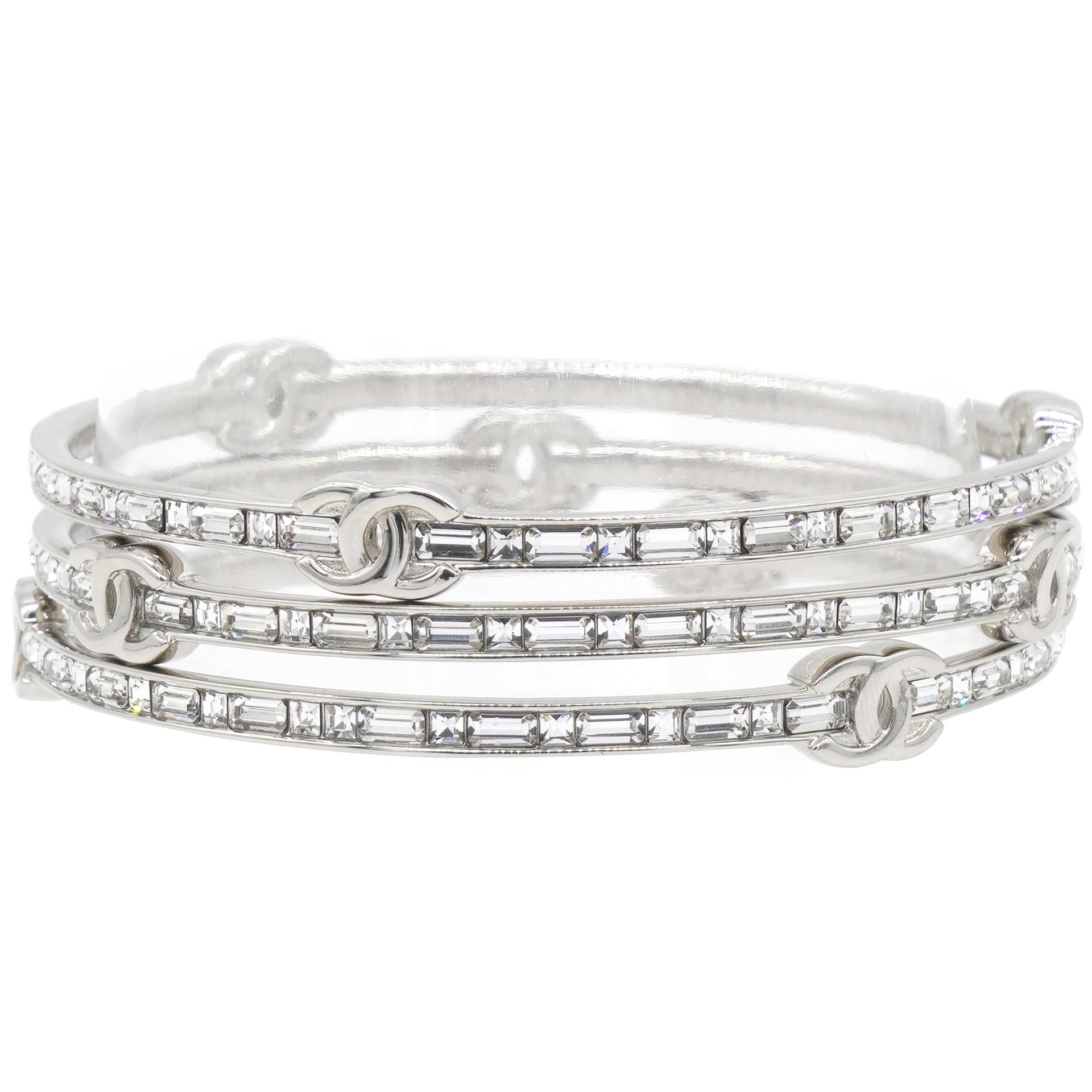 Chanel Silver Tone Metal Rhinestone CC Logo Bangle