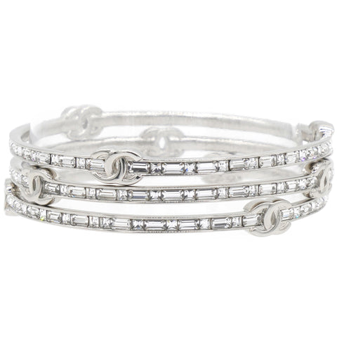 Chanel Silver Tone Metal Rhinestone CC Logo Bangle