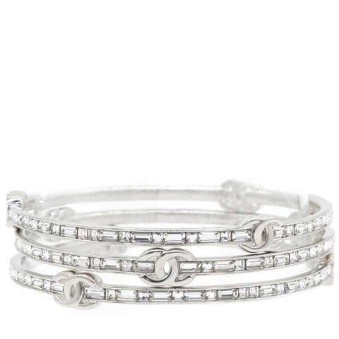 Chanel Silver Tone Metal Rhinestone CC Logo Bangle