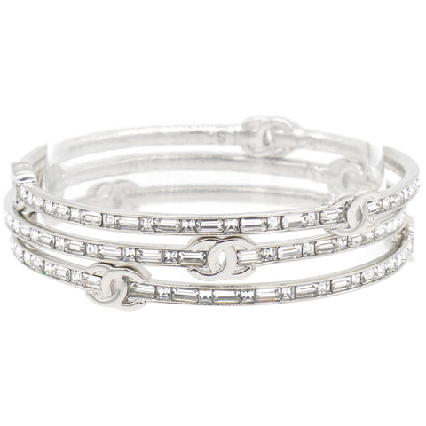 Chanel Silver Tone Metal Rhinestone CC Logo Bangle