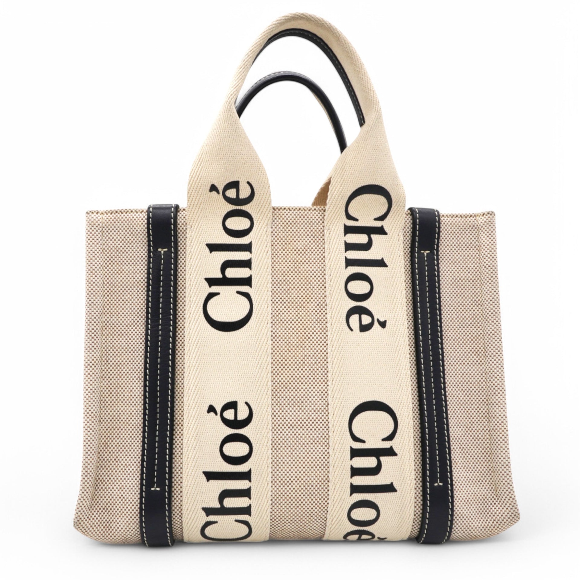 Chloe Cotton Small Woody Ribbon Tote White Blue 