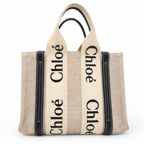 Chloe Cotton Small Woody Ribbon Tote White Blue 