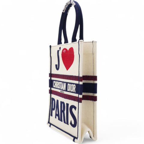 Christian Dior  Canvas Embroidered I Love Paris Vertical Book Tote White Mini 