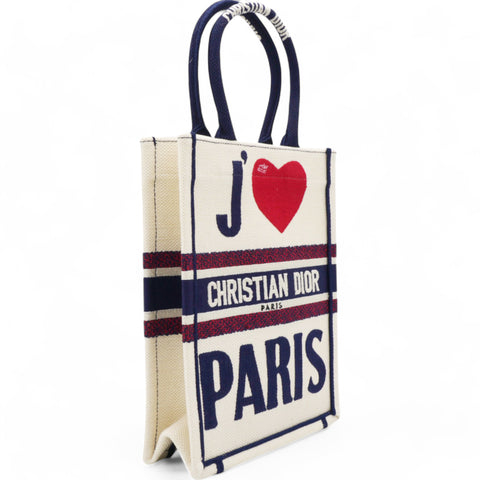 Christian Dior  Canvas Embroidered I Love Paris Vertical Book Tote White Mini 