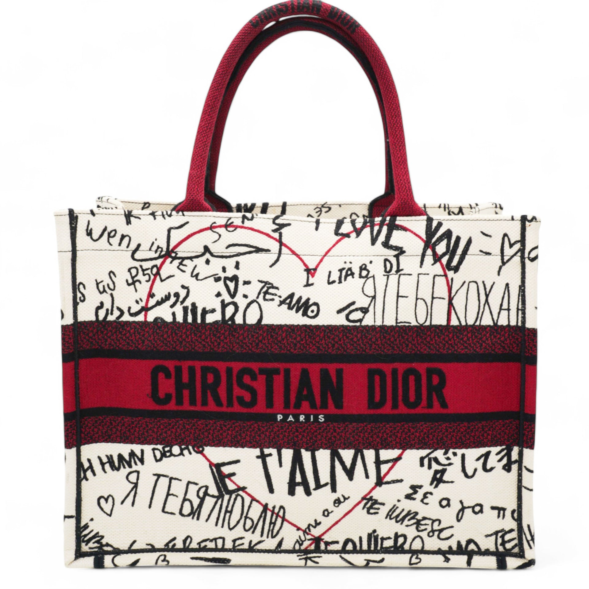  Christian Dior Canvas Embroidered Medium Dioramour Graffiti Book Tote Latte Multicolor 
