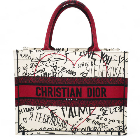  Christian Dior Canvas Embroidered Medium Dioramour Graffiti Book Tote Latte Multicolor 