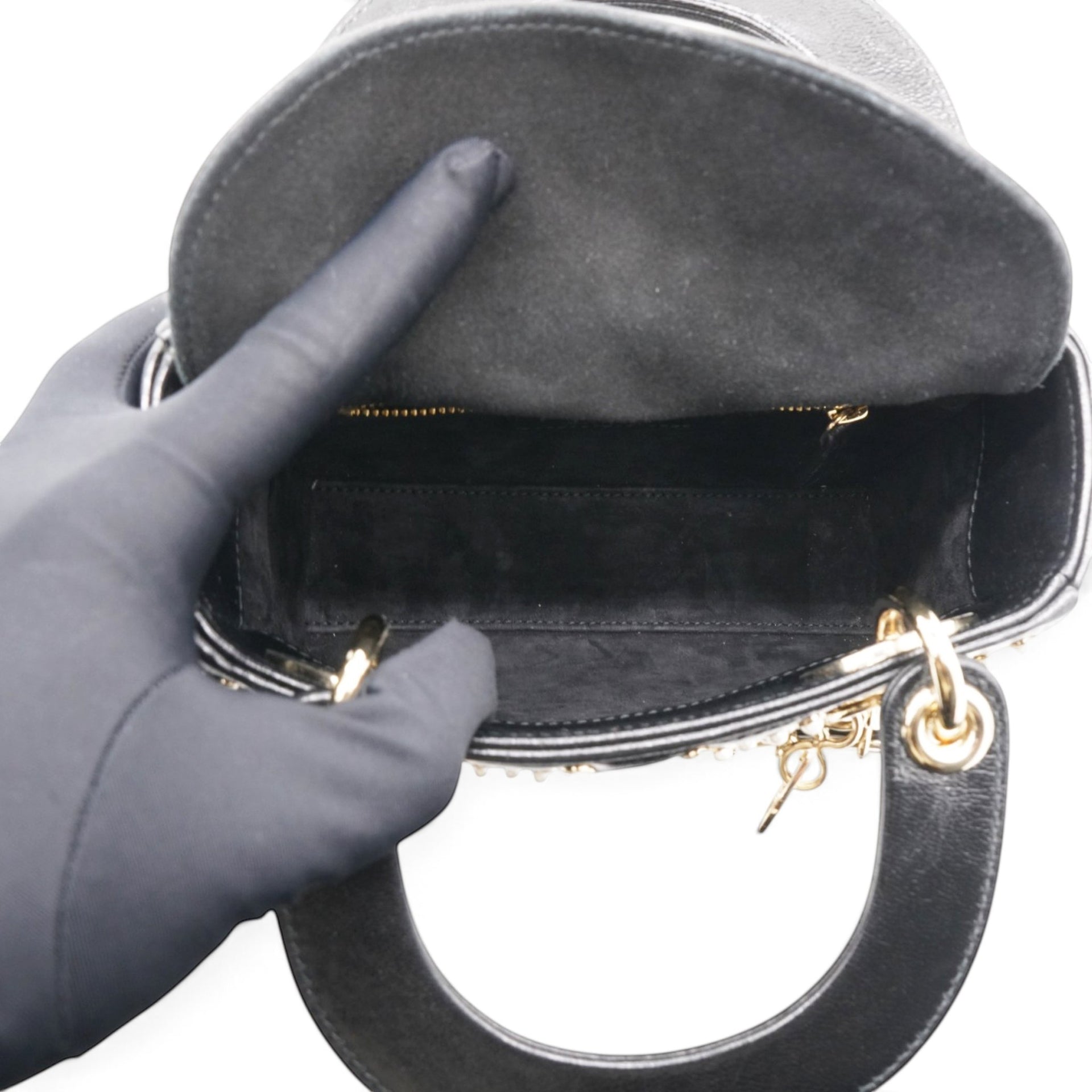 Christian Dior Crinkle Effect Lambskin Pearl Cannage Mini Lady Dior Black 