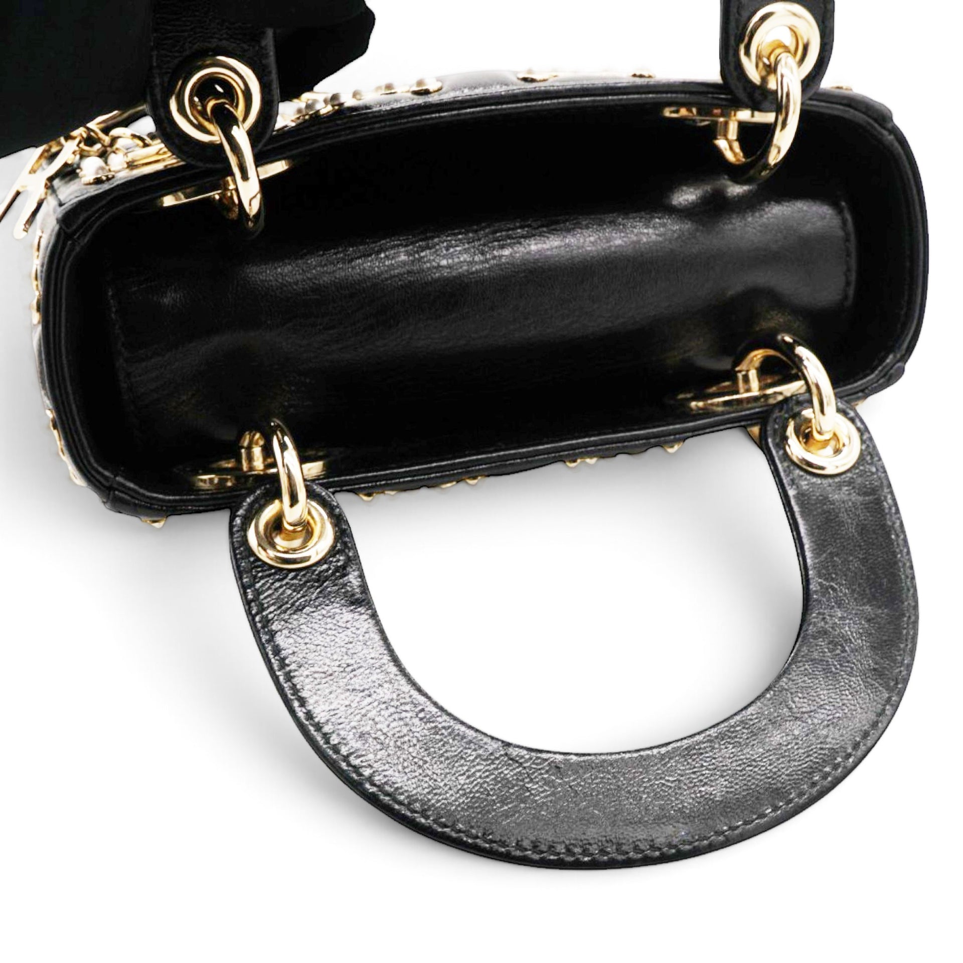 Christian Dior Crinkle Effect Lambskin Pearl Cannage Mini Lady Dior Black 