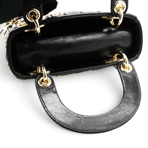 Christian Dior Crinkle Effect Lambskin Pearl Cannage Mini Lady Dior Black 