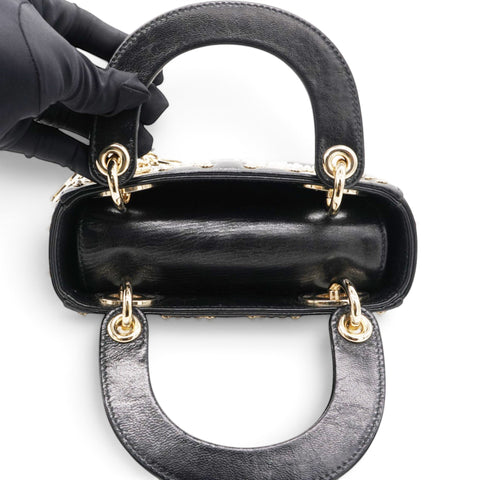 Christian Dior Crinkle Effect Lambskin Pearl Cannage Mini Lady Dior Black 