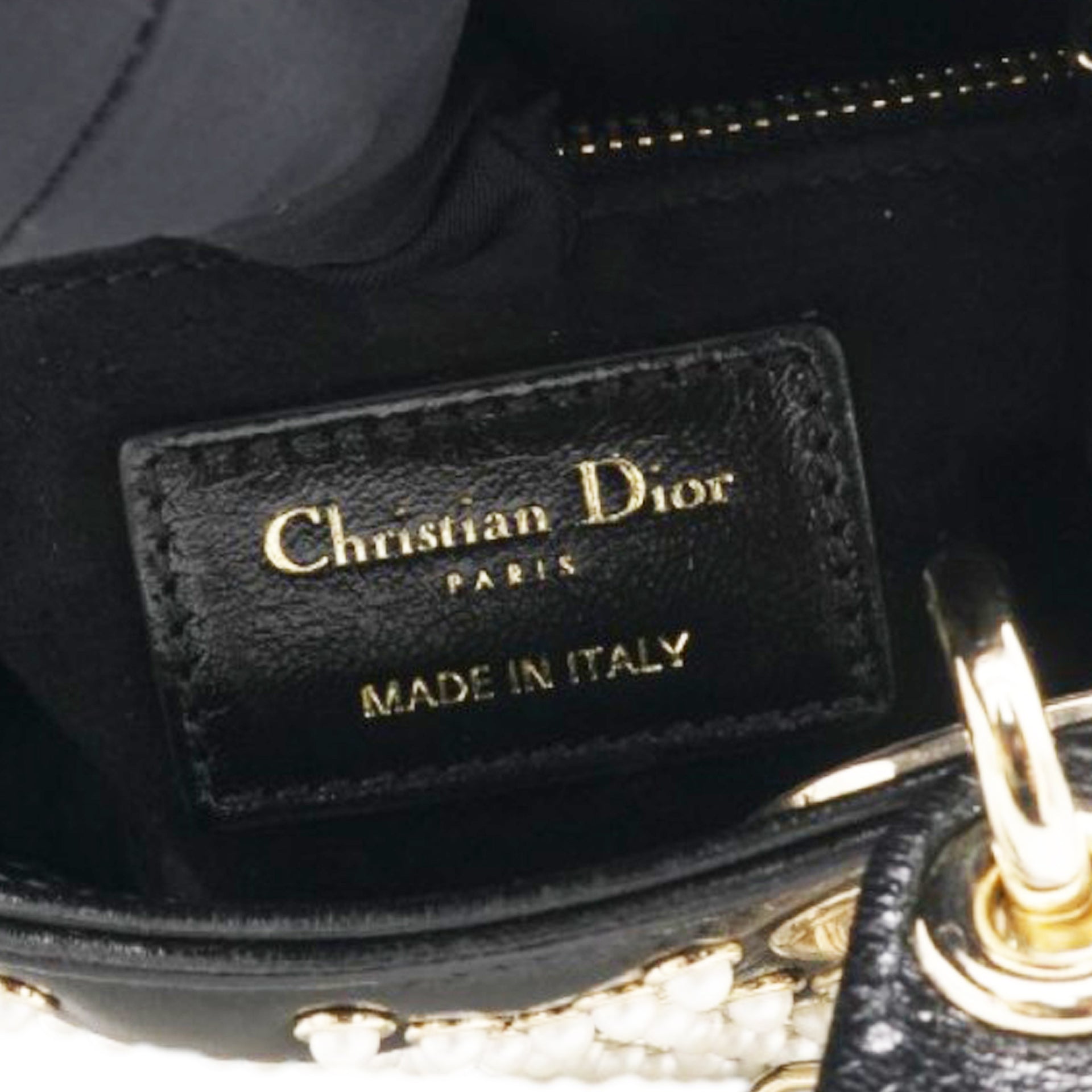 Christian Dior Crinkle Effect Lambskin Pearl Cannage Mini Lady Dior Black 