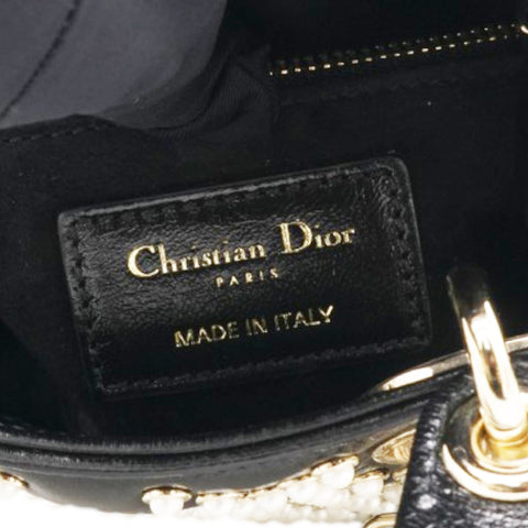 Christian Dior Crinkle Effect Lambskin Pearl Cannage Mini Lady Dior Black 