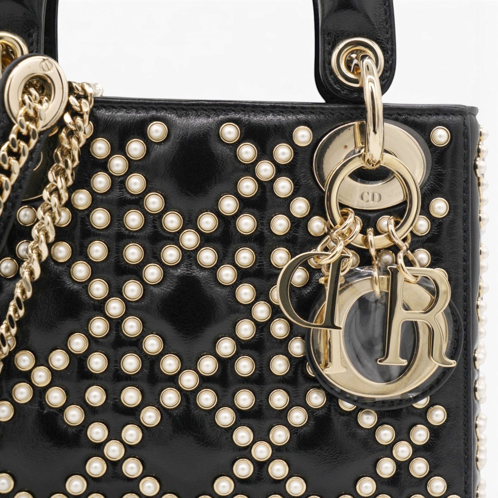 Christian Dior Crinkle Effect Lambskin Pearl Cannage Mini Lady Dior Black 