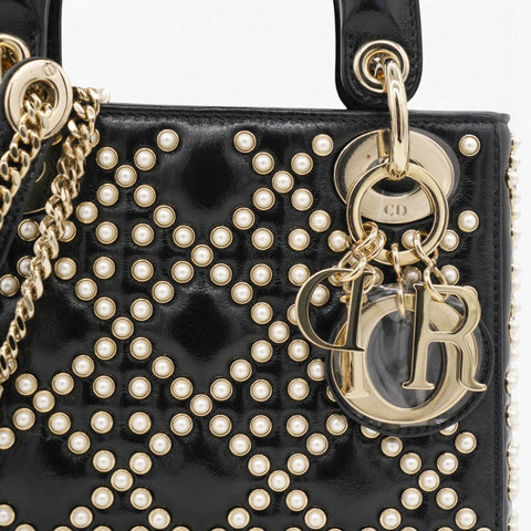 Christian Dior Crinkle Effect Lambskin Pearl Cannage Mini Lady Dior Black 