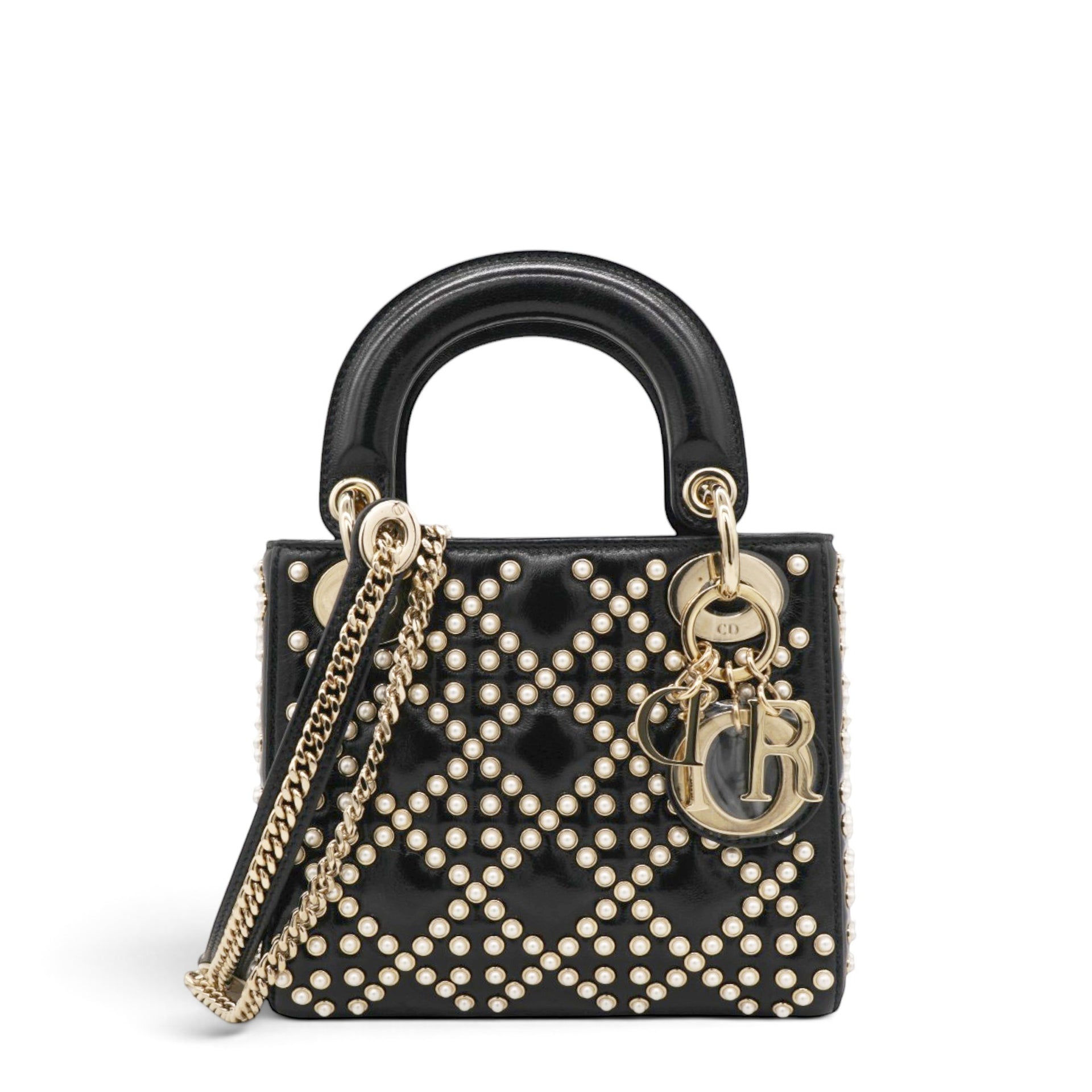 Christian Dior Crinkle Effect Lambskin Pearl Cannage Mini Lady Dior Black 