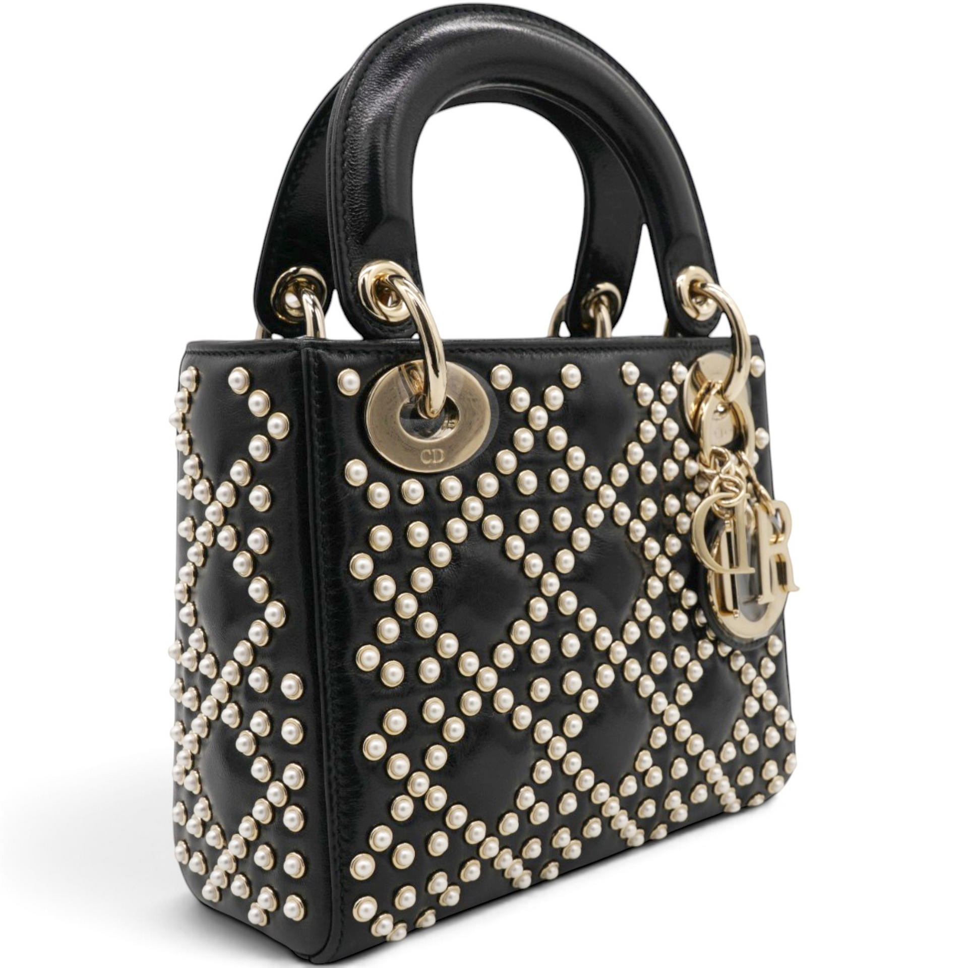 Christian Dior Crinkle Effect Lambskin Pearl Cannage Mini Lady Dior Black 