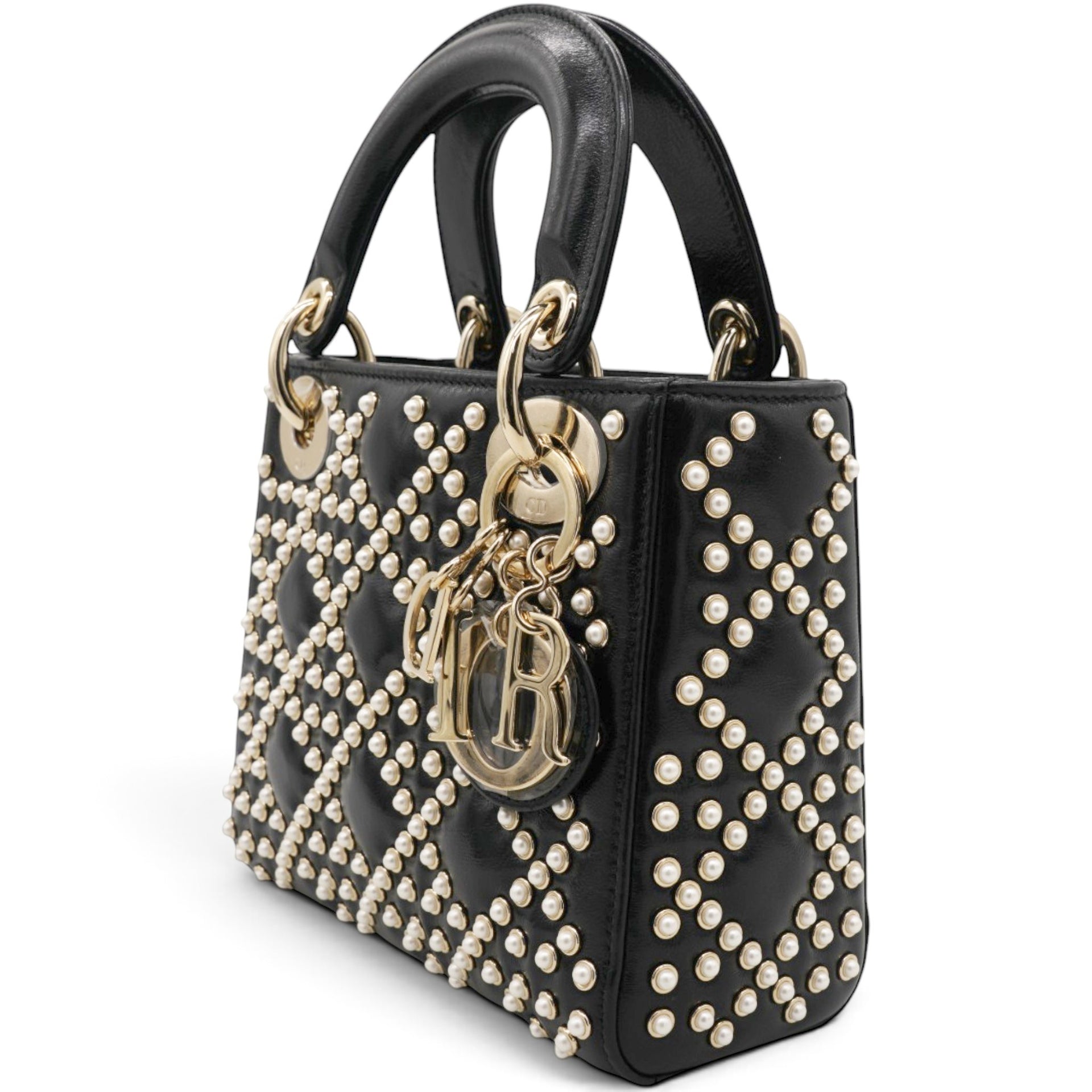 Christian Dior Crinkle Effect Lambskin Pearl Cannage Mini Lady Dior Black 