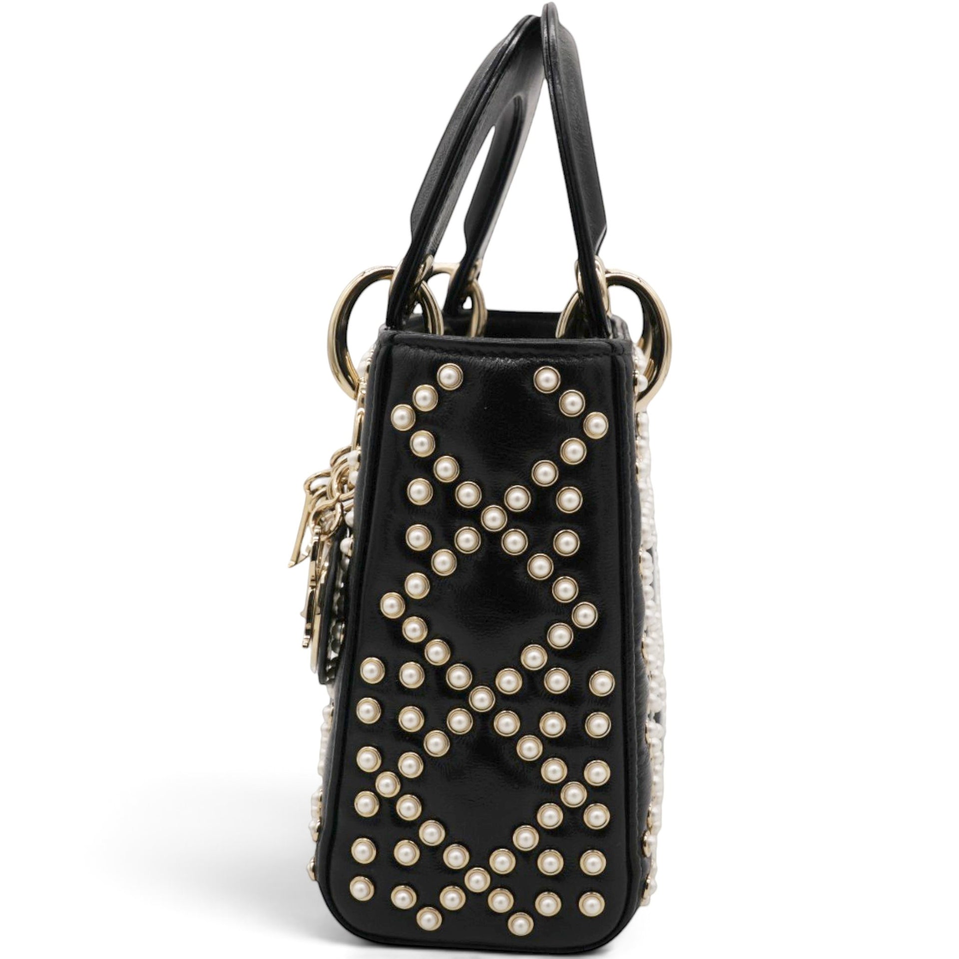 Christian Dior Crinkle Effect Lambskin Pearl Cannage Mini Lady Dior Black 