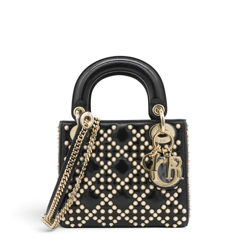 Christian Dior Crinkle Effect Lambskin Pearl Cannage Mini Lady Dior Black 