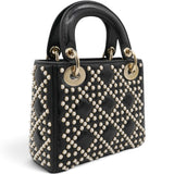 Christian Dior Crinkle Effect Lambskin Pearl Cannage Mini Lady Dior Black 