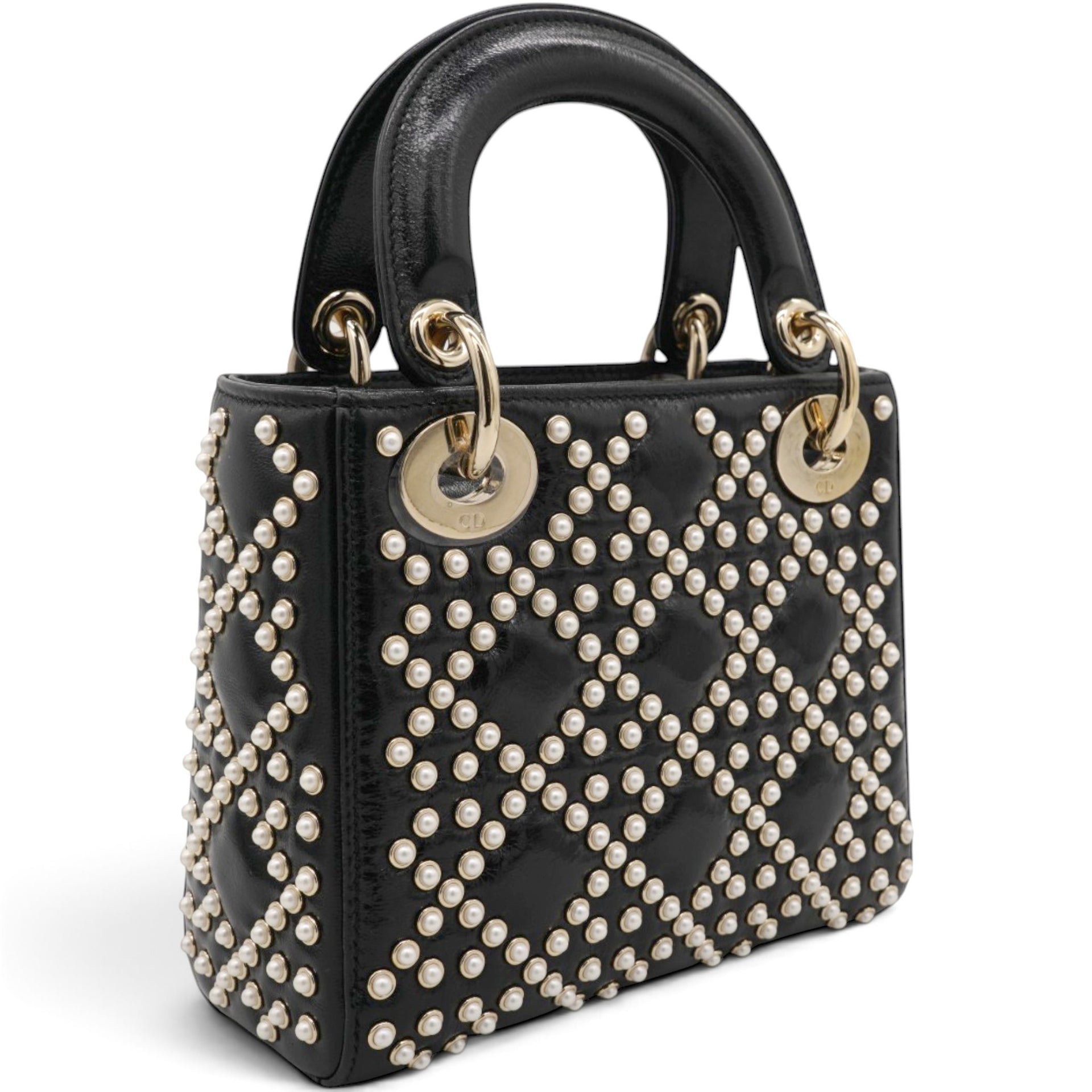Christian Dior Crinkle Effect Lambskin Pearl Cannage Mini Lady Dior Black 