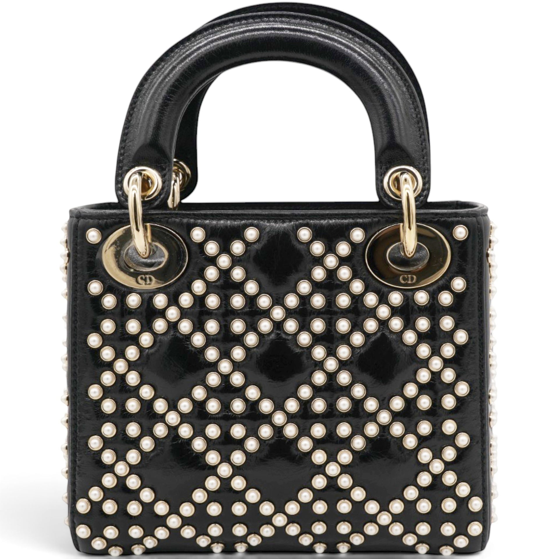 Christian Dior Crinkle Effect Lambskin Pearl Cannage Mini Lady Dior Black 