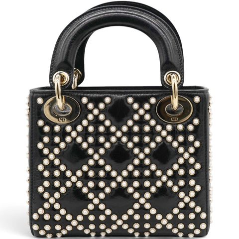 Christian Dior Crinkle Effect Lambskin Pearl Cannage Mini Lady Dior Black 