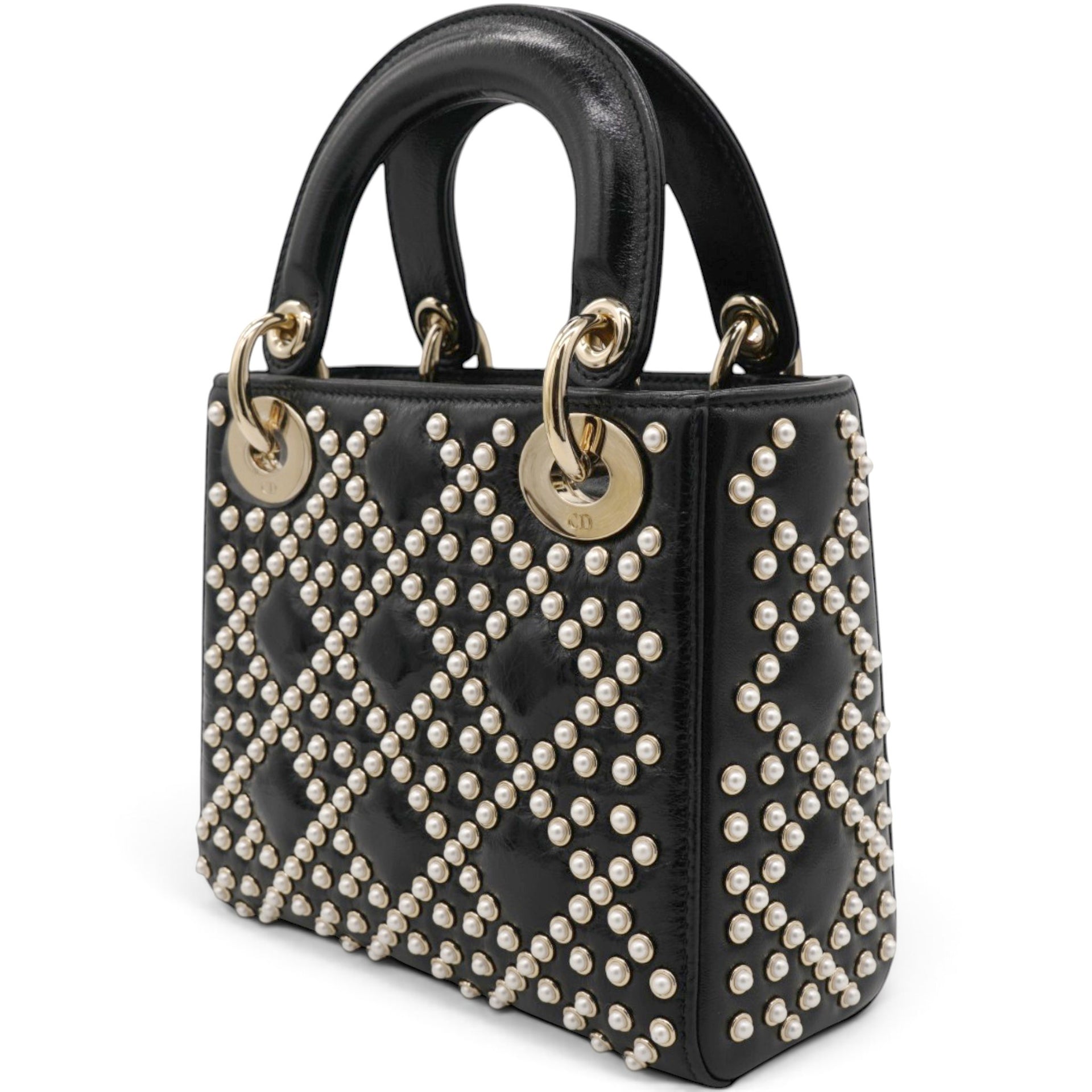 Christian Dior Crinkle Effect Lambskin Pearl Cannage Mini Lady Dior Black 