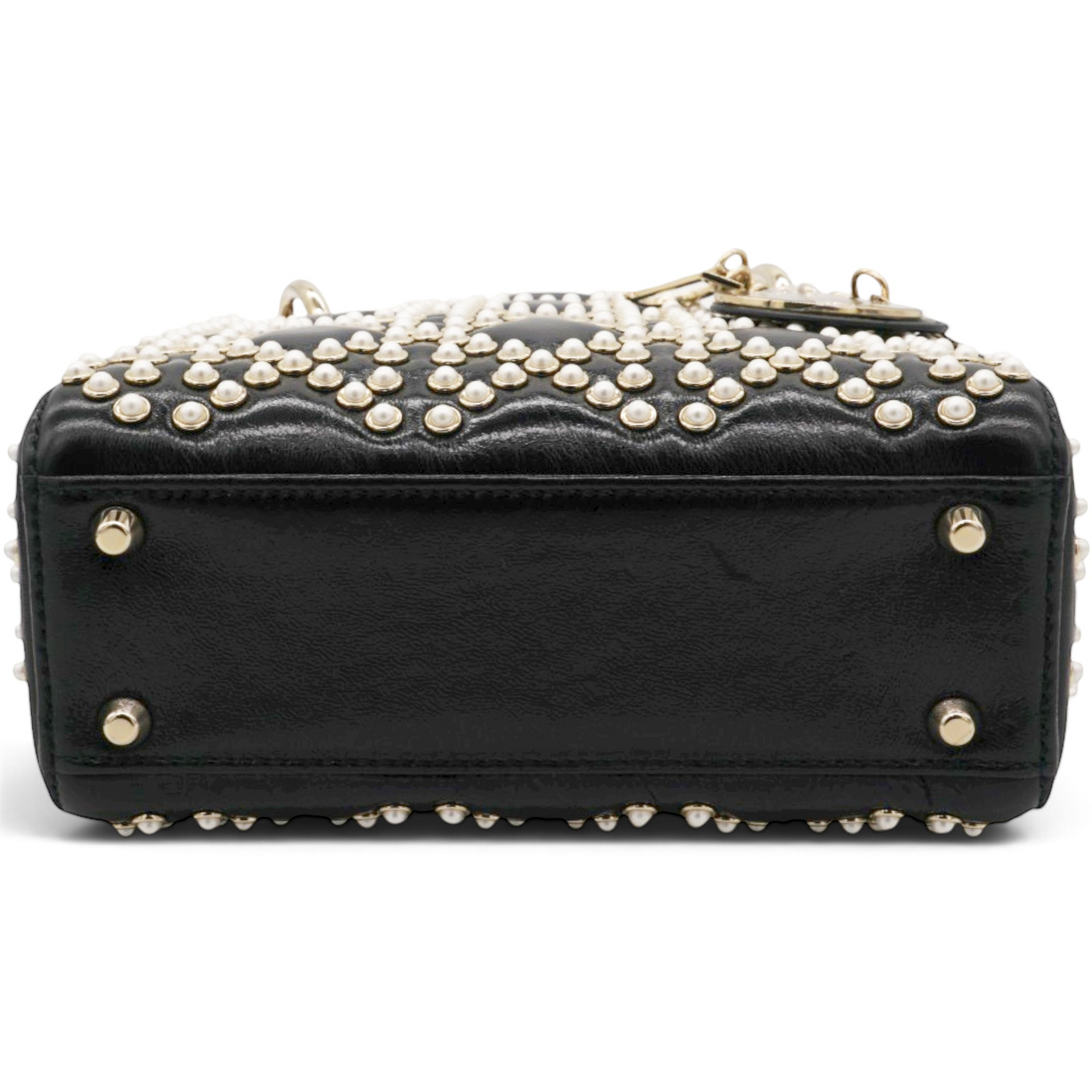 Christian Dior Crinkle Effect Lambskin Pearl Cannage Mini Lady Dior Black 