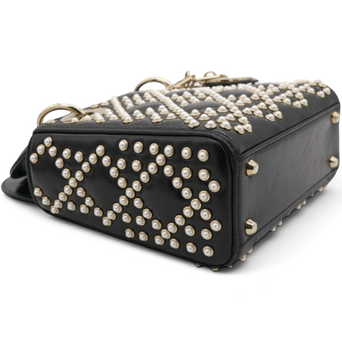 Christian Dior Crinkle Effect Lambskin Pearl Cannage Mini Lady Dior Black 