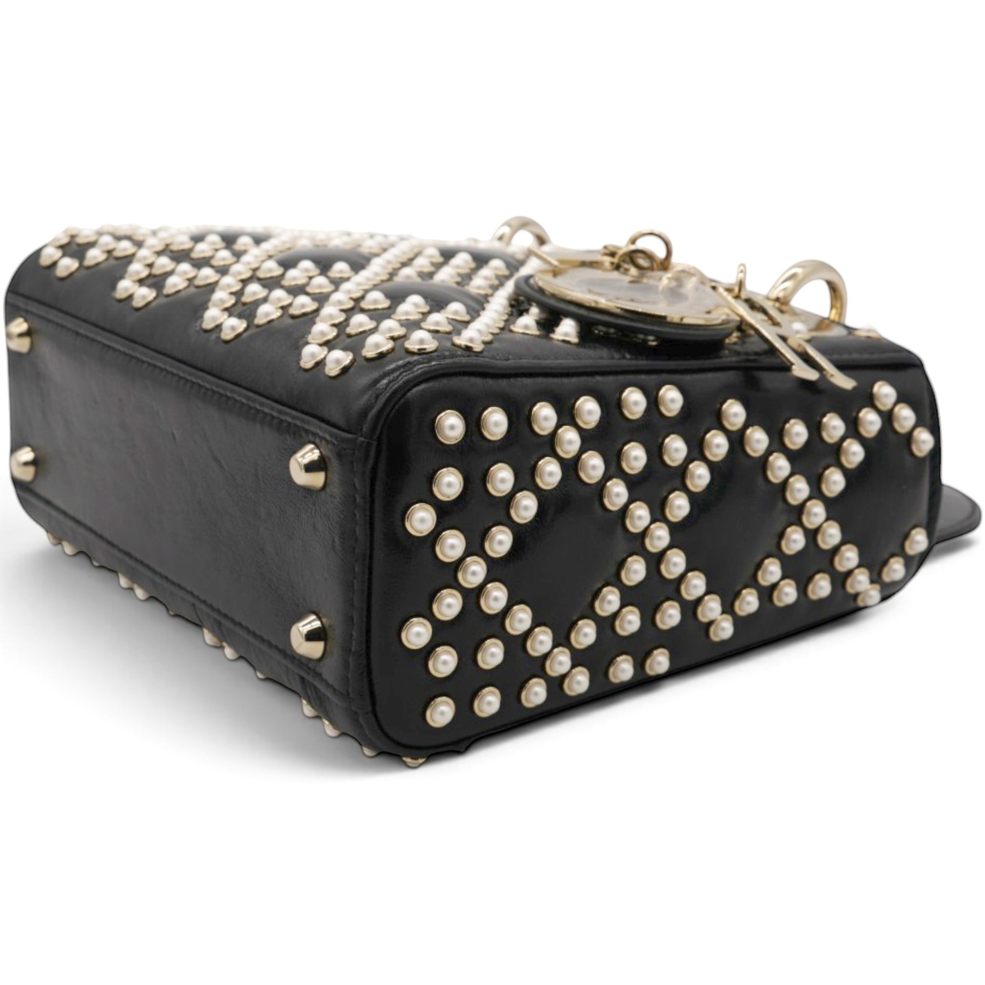 Christian Dior Crinkle Effect Lambskin Pearl Cannage Mini Lady Dior Black 