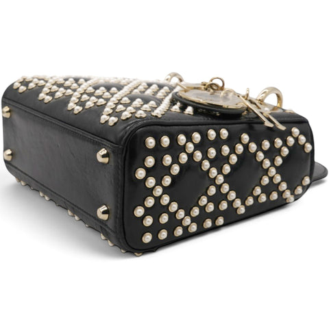 Christian Dior Crinkle Effect Lambskin Pearl Cannage Mini Lady Dior Black 