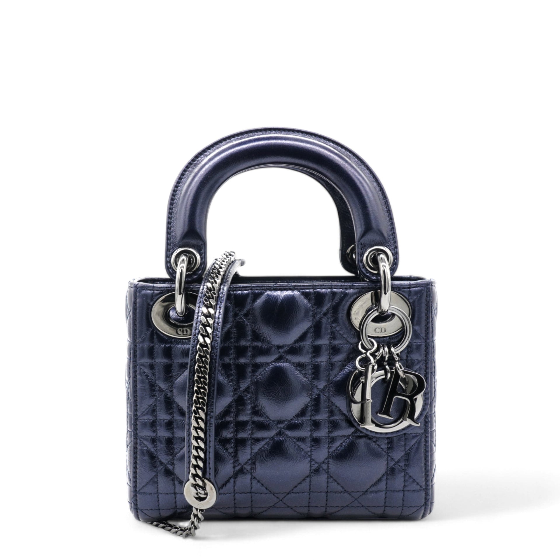 Christian Dior Metallic Lambskin Cannage Mini Lady Dior Dew Bleu 