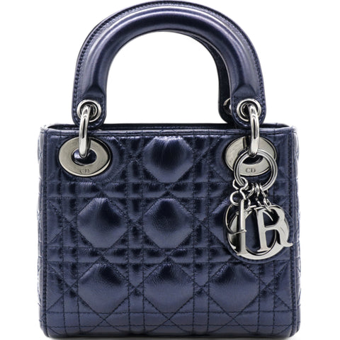 Christian Dior Metallic Lambskin Cannage Mini Lady Dior Dew Bleu 