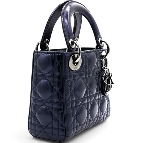 Christian Dior Metallic Lambskin Cannage Mini Lady Dior Dew Bleu 