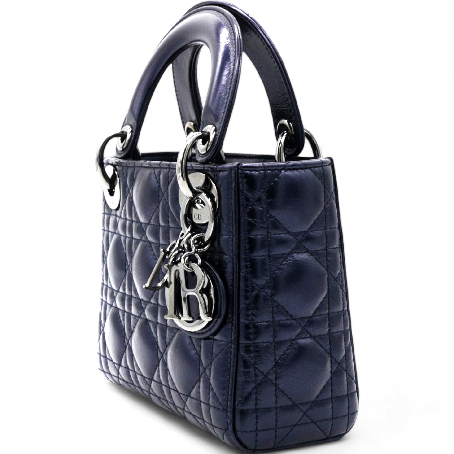Christian Dior Metallic Lambskin Cannage Mini Lady Dior Dew Bleu 