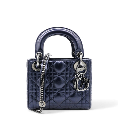 Christian Dior Metallic Lambskin Cannage Mini Lady Dior Dew Bleu 