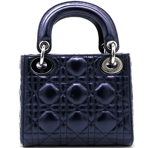 Christian Dior Metallic Lambskin Cannage Mini Lady Dior Dew Bleu 