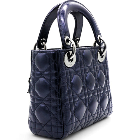 Christian Dior Metallic Lambskin Cannage Mini Lady Dior Dew Bleu 