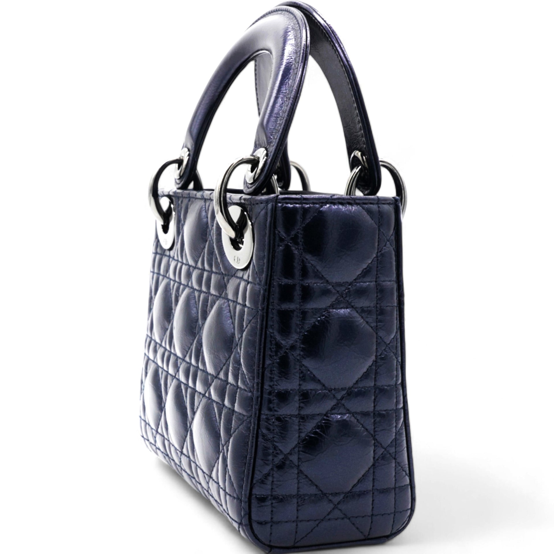 Christian Dior Metallic Lambskin Cannage Mini Lady Dior Dew Bleu 