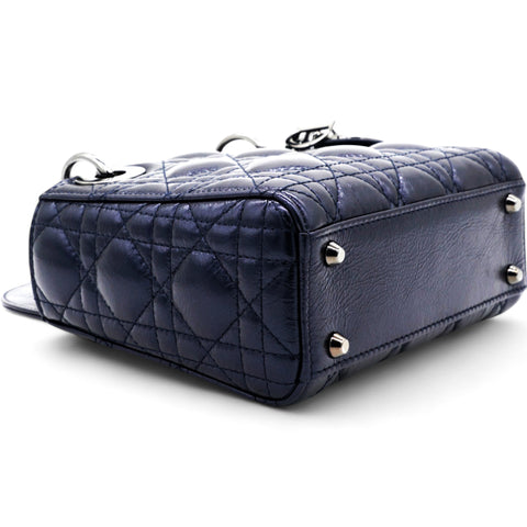 Christian Dior Metallic Lambskin Cannage Mini Lady Dior Dew Bleu 