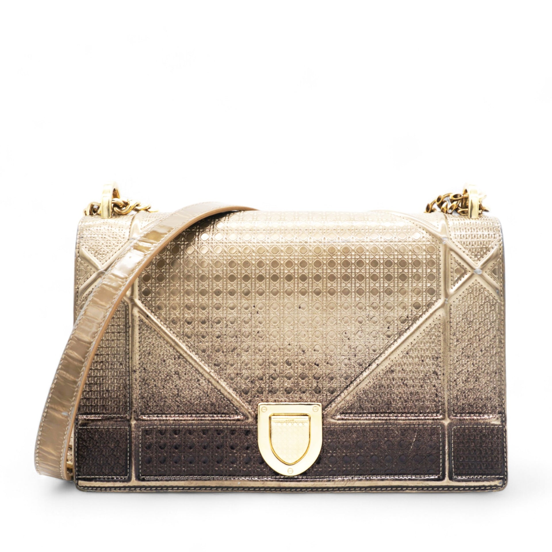  Christian Dior Metallic Patent Micro-Cannage Gradient Diorama Flap Bag Bronze Gold 