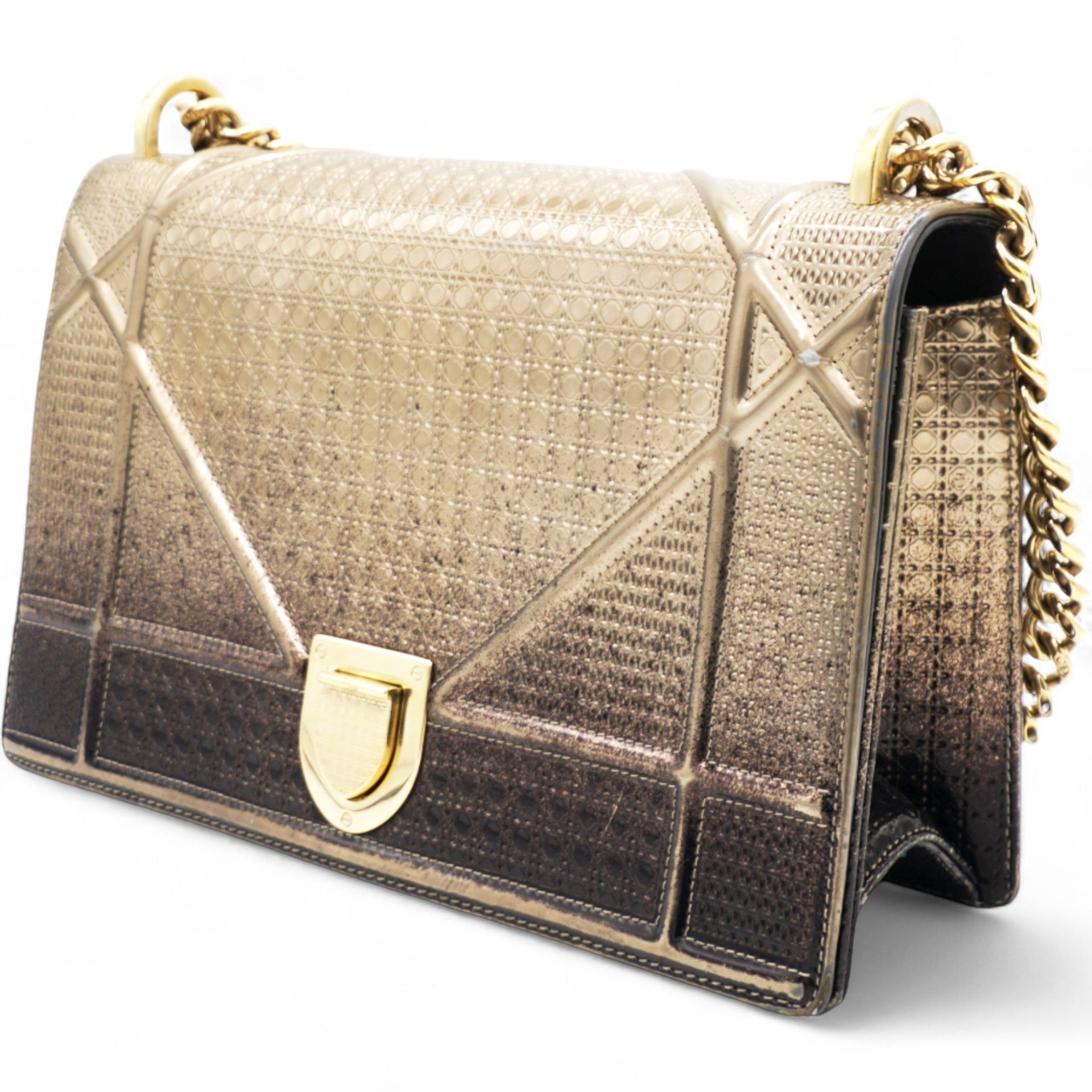  Christian Dior Metallic Patent Micro-Cannage Gradient Diorama Flap Bag Bronze Gold 